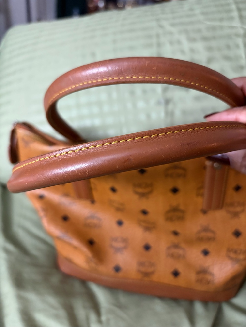 MCM Cognac Logo Print Leather Tote with Gold Plaque. - Picture 4 of 6